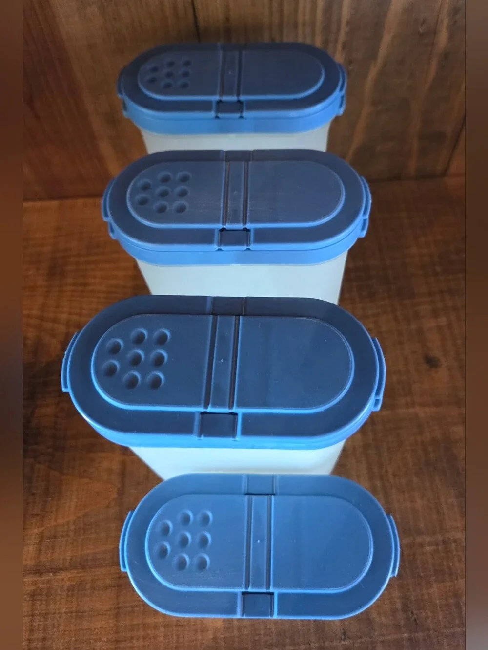 Tupperware Modular Mates Spice Container Set of 4 Blue Lids 1843 & 1846 3-L 1-S
